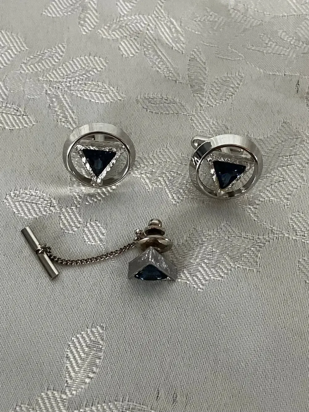 Vintage MCM Tie Clasp & Cufflink Set Blue Faceted Stones Silver Tone Geometric